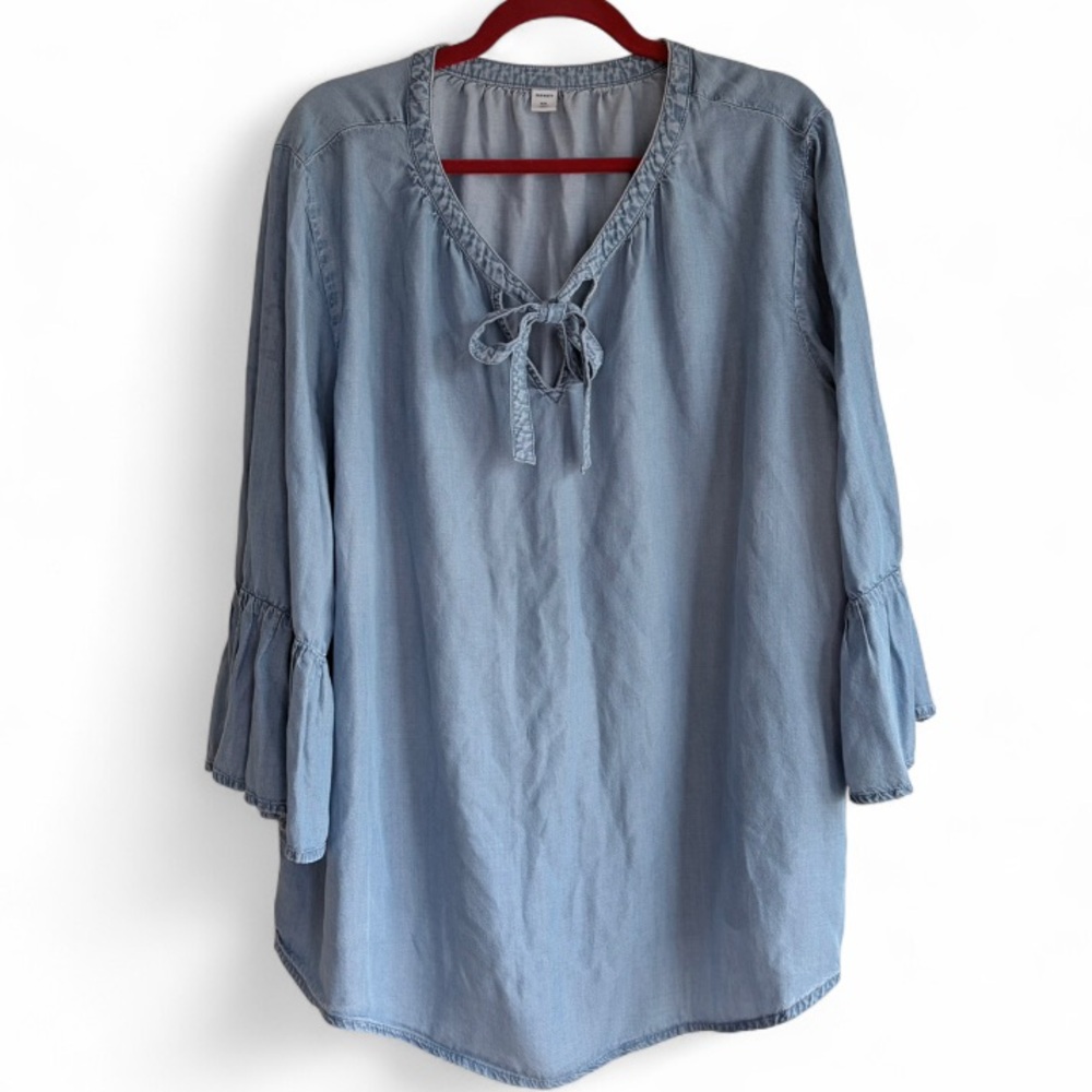 Old Navy Chambray Blue Tie Neck Ruffle Sleeve Peasant Shirt Size XXL